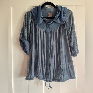 Free People Blue Striped Button Down Shirt removable hood